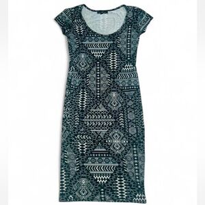Derek Heart Geometric Knit Sheath Dress Black White Cap Sleeve Scoop Neck L